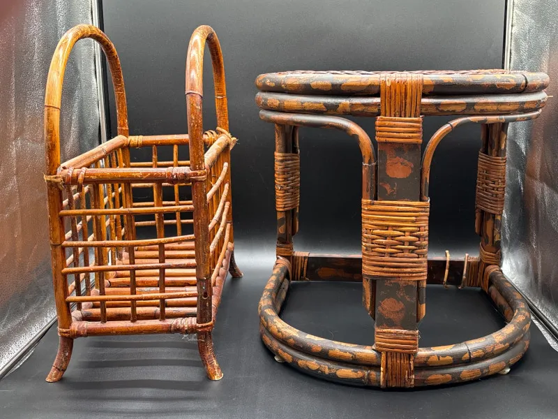 Vintage Tortoise-Patina Bamboo Side Table & Magazine Rack Set - Designer Decor and Other Treasures | Ocean Bid Auction