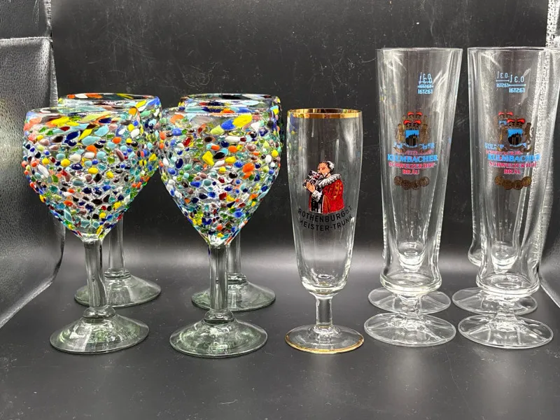 9pc Vintage German Glassware Set - Confetti Art Glass & Brewery Flutes - Designer Decor and Other Treasures | Ocean Bid Auction