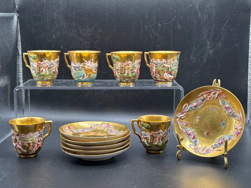 12pc Capodimonte Armorial Gold Luster Demitasse Set - Signed - Designer Decor and Other Treasures | Ocean Bid Auction