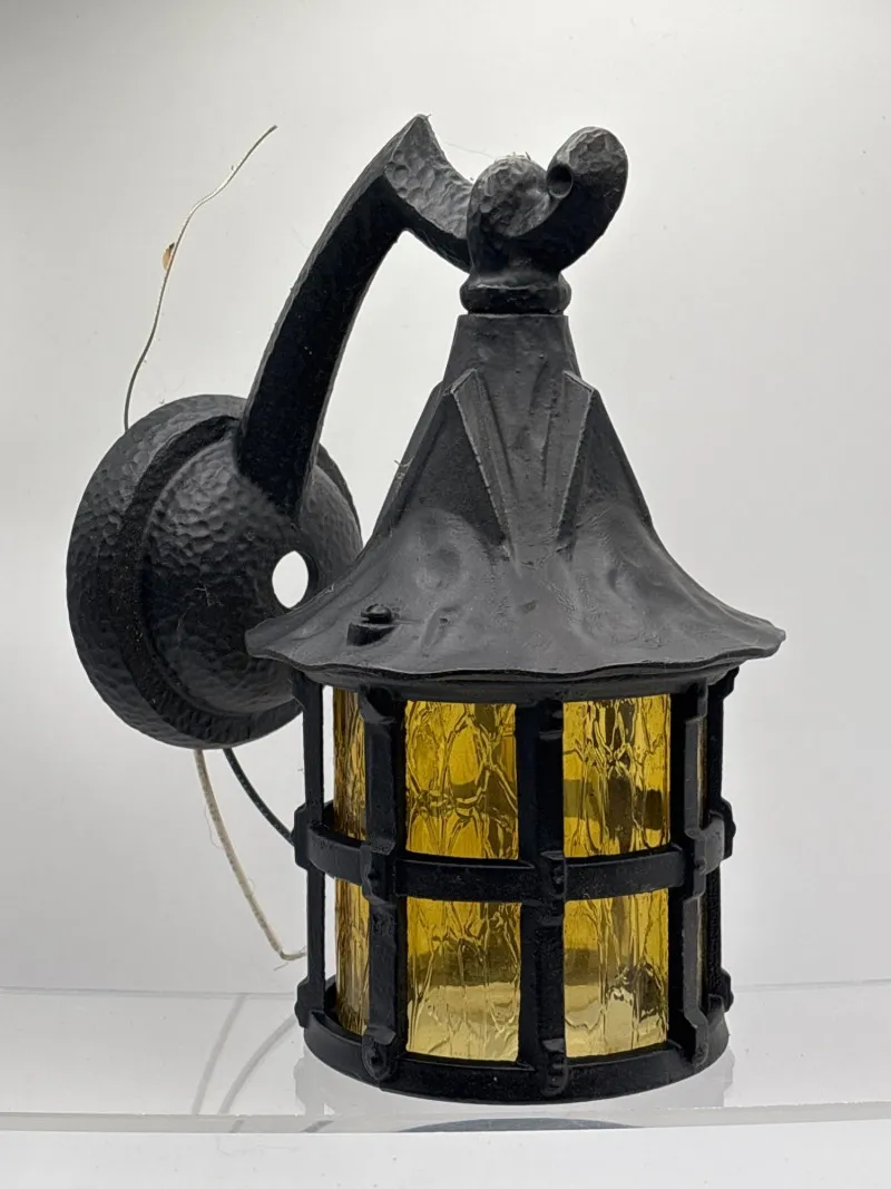 Vintage Cast Metal Wall Lantern Amber Glass Porch Light - Designer Decor and Other Treasures | Ocean Bid Auction