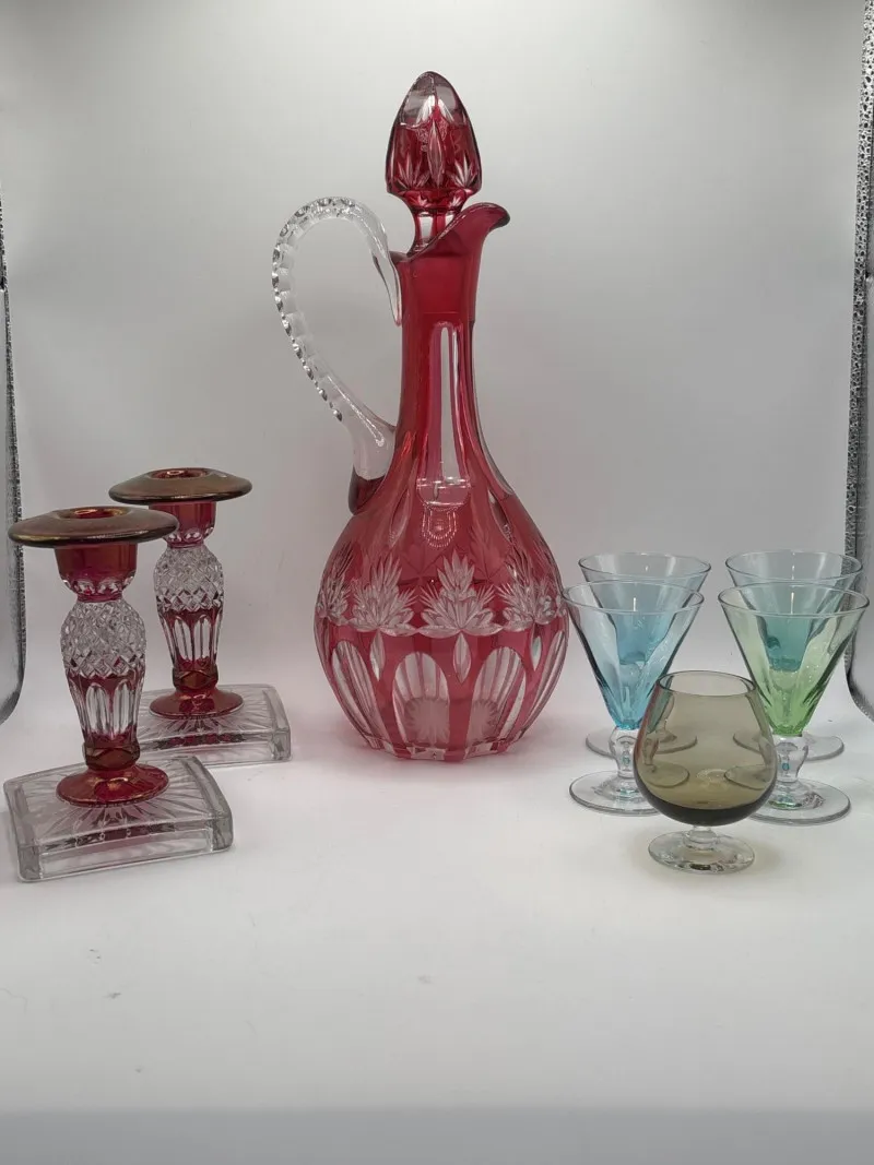 Vintage Cut Glass Decanter Set Cranberry Candlesticks Glasses - Designer Decor and Other Treasures | Ocean Bid Auction