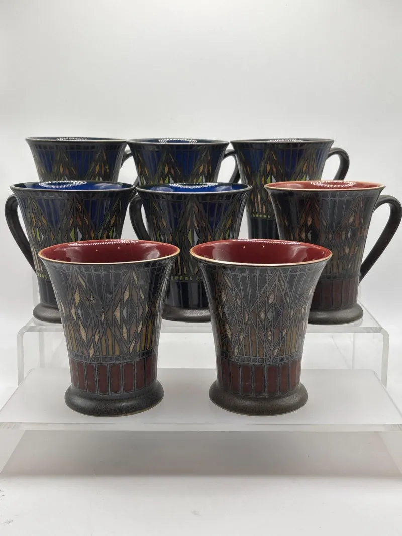 Set 8 Denby England Mugs Art Deco Pattern Stoneware Coffee - Designer Decor and Other Treasures | Ocean Bid Auction
