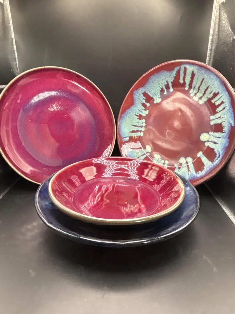 Vibrant Studio Art Pottery | 4pc Set | Drip Glaze Bowls & Plates - Designer Decor and Other Treasures | Ocean Bid Auction
