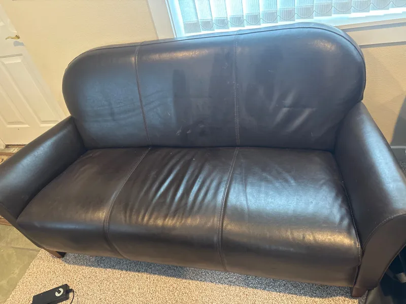67" Compact Brown Faux Leather Sofa - Small Profile - Designer Decor and Other Treasures | Ocean Bid Auction