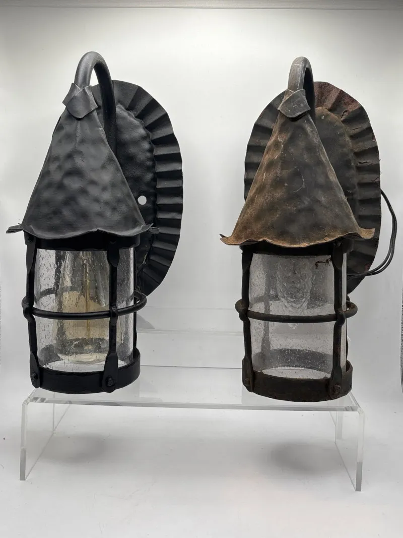 Vintage Wall Lantern Pair Rustic Metal Glass Sconce Lights - Designer Decor and Other Treasures | Ocean Bid Auction