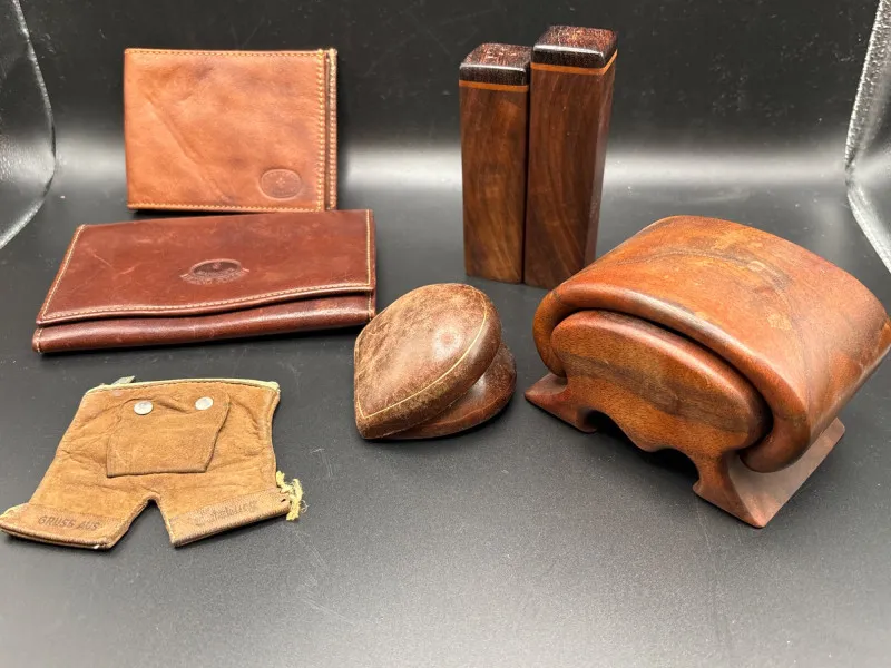 8pc Vintage Leather & Wood Collection - Coin Purse & More - Designer Decor and Other Treasures | Ocean Bid Auction
