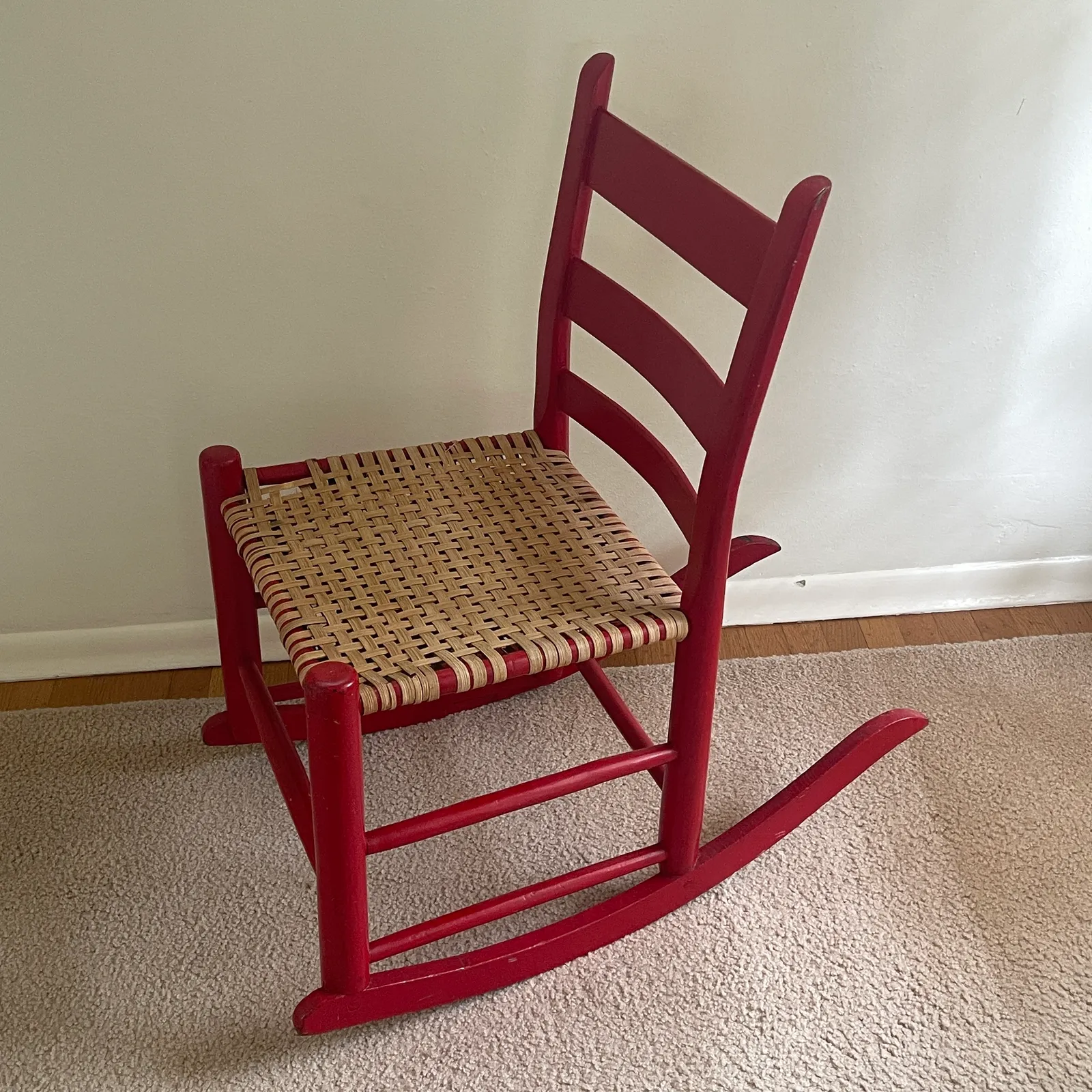 Vintage Red Wood Rocking Chair – Woven Splint Seat - Sterling Silver, Stones & Seattle History Estate Auction and 0% buyers premium! | Ocean Bid Auction
