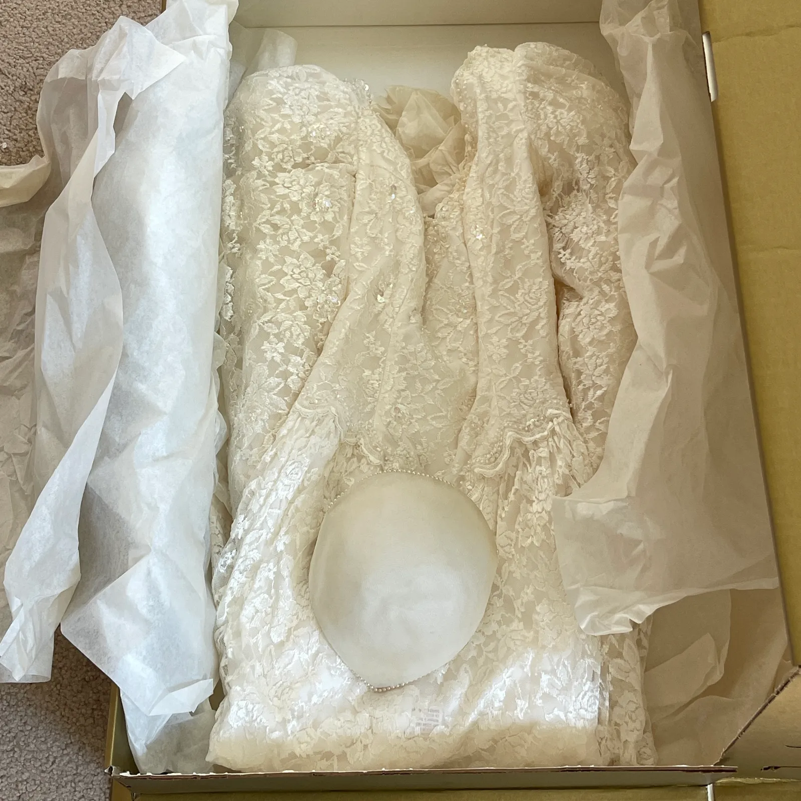 Vintage 1980s Tea Length Lace Wedding Gown w/ 1958 Bridal Cap – Long Sleeve Covered Button Dress - Sterling Silver, Stones & Seattle History Estate Auction and 0% buyers premium! | Ocean Bid Auction