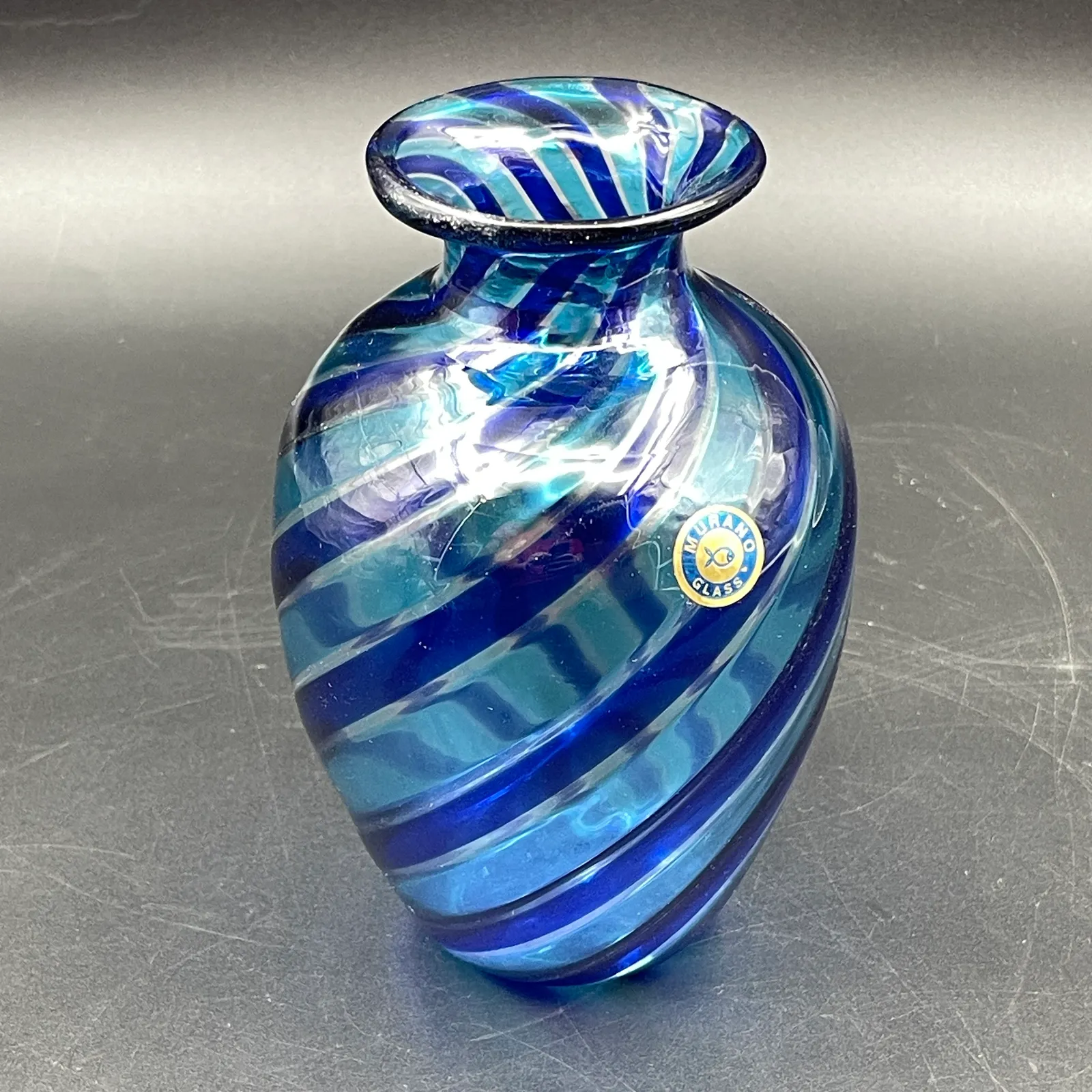 Vintage Murano Glass Blue & Aqua Swirl Art Glass Vase – Original Label - Sterling Silver, Stones & Seattle History Estate Auction and 0% buyers premium! | Ocean Bid Auction