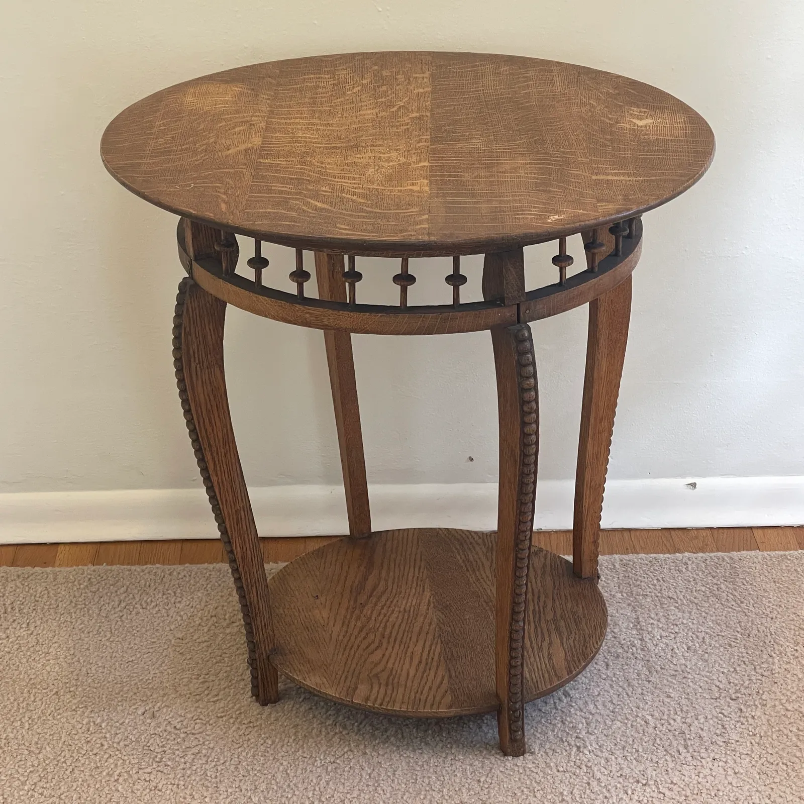 Antique Oak Round Two-Tier Parlor Table – Bobbin Trim & Spindles - Sterling Silver, Stones & Seattle History Estate Auction and 0% buyers premium! | Ocean Bid Auction
