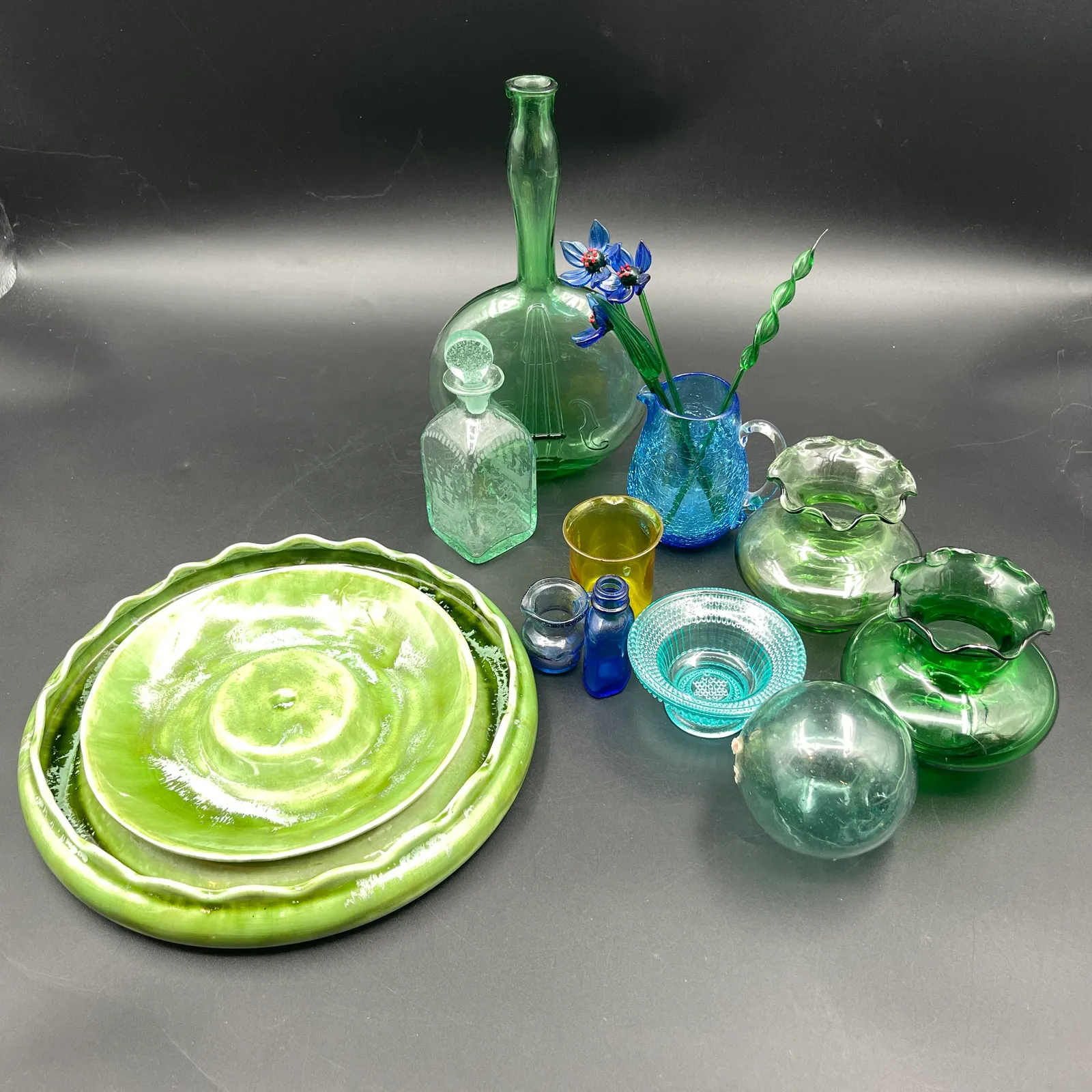Vintage Art Glass & Pottery Lot – Crackle Glass, Blown Flowers, Bottles & Green Ashtray - Sterling Silver, Stones & Seattle History Estate Auction and 0% buyers premium! | Ocean Bid Auction