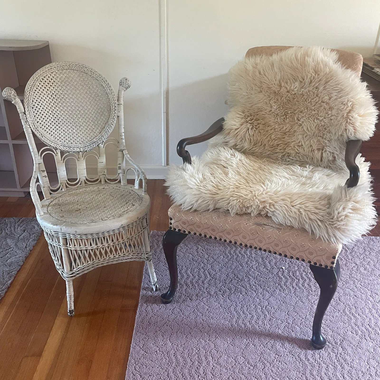 Antique Wicker Chair, Upholstered Armchair & Sheepskin Rug - Sterling Silver, Stones & Seattle History Estate Auction and 0% buyers premium! | Ocean Bid Auction