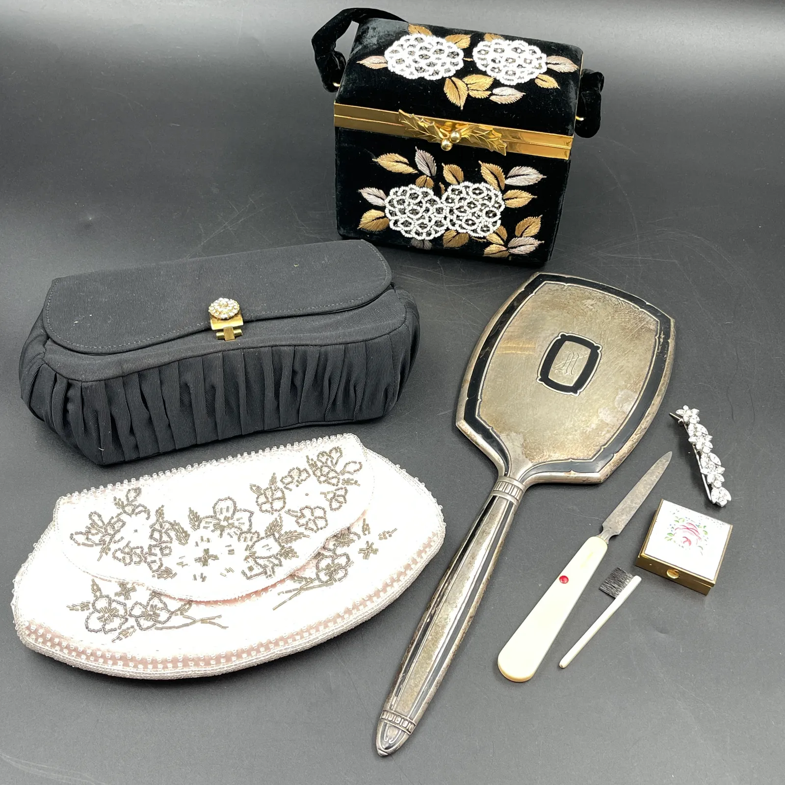Vintage Vanity Collection – Sterling Hand Mirror, French Ivory Manicure & Beaded Bags - Sterling Silver, Stones & Seattle History Estate Auction and 0% buyers premium! | Ocean Bid Auction