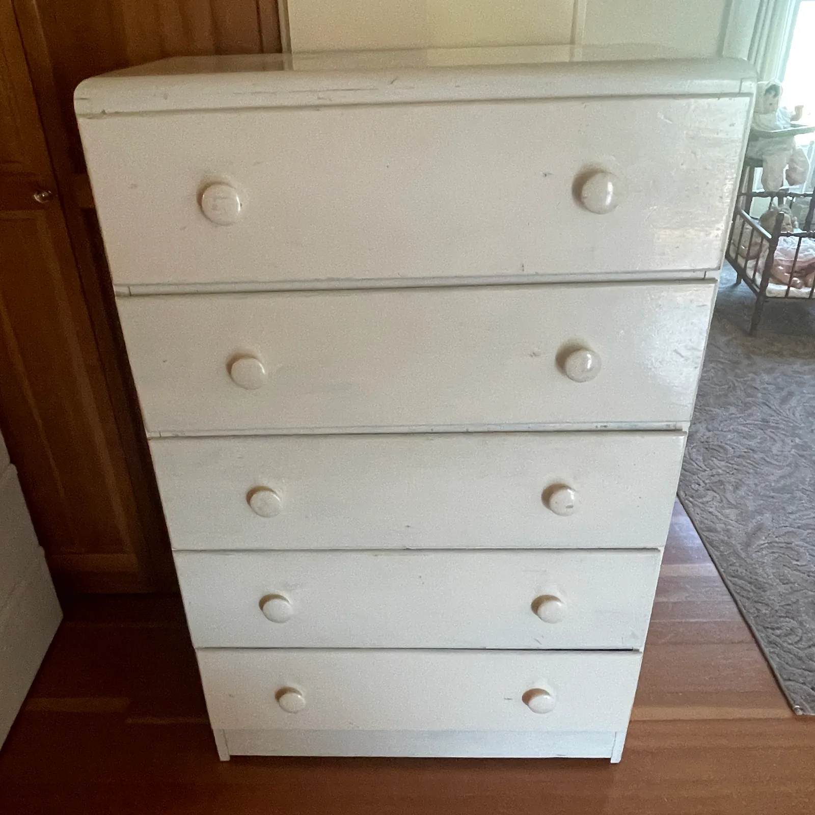 Vintage Painted Wood Five-Drawer Chest - Sterling Silver, Stones & Seattle History Estate Auction and 0% buyers premium! | Ocean Bid Auction