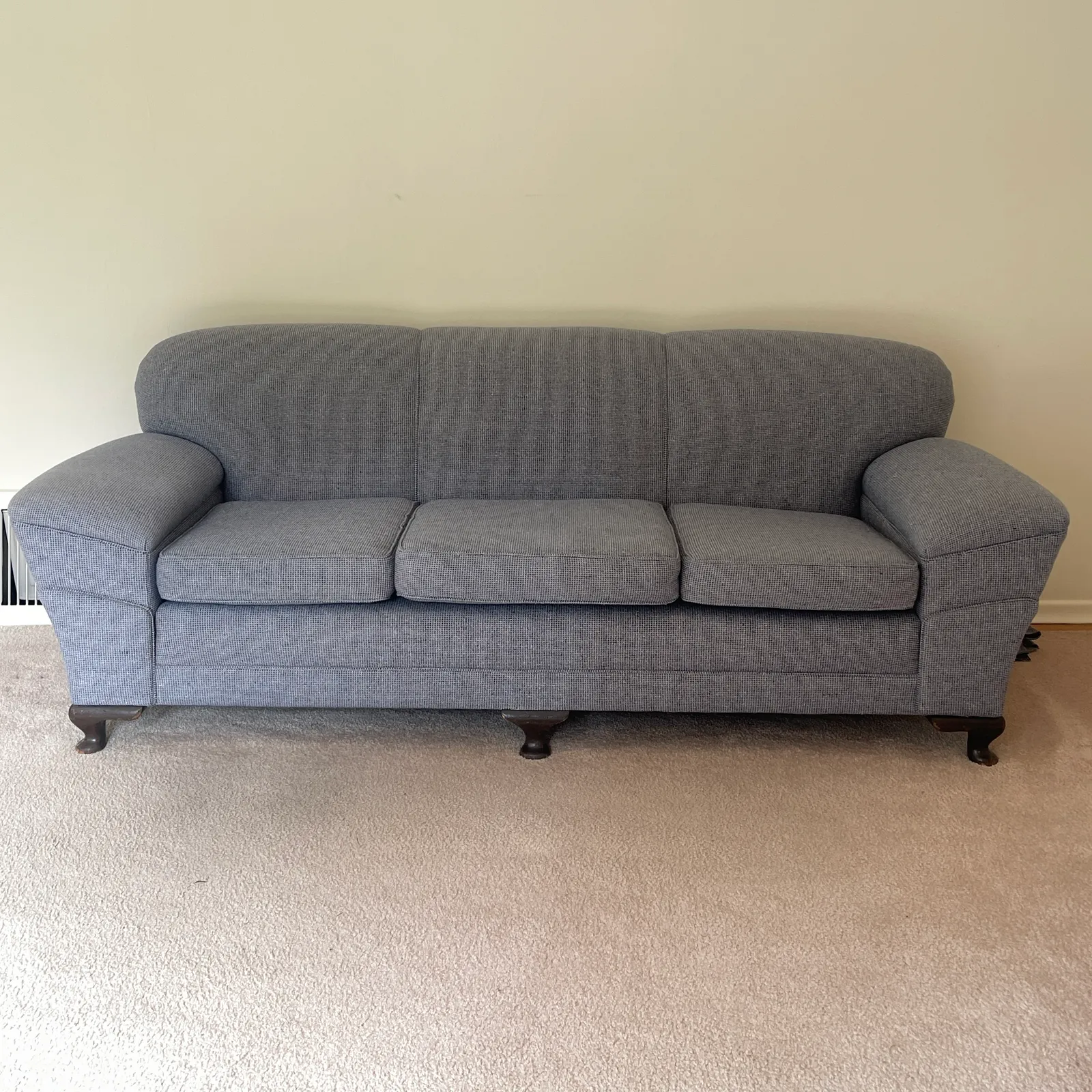 Vintage Blue Upholstered 3-Cushion Sofa – Wood Feet - Sterling Silver, Stones & Seattle History Estate Auction and 0% buyers premium! | Ocean Bid Auction