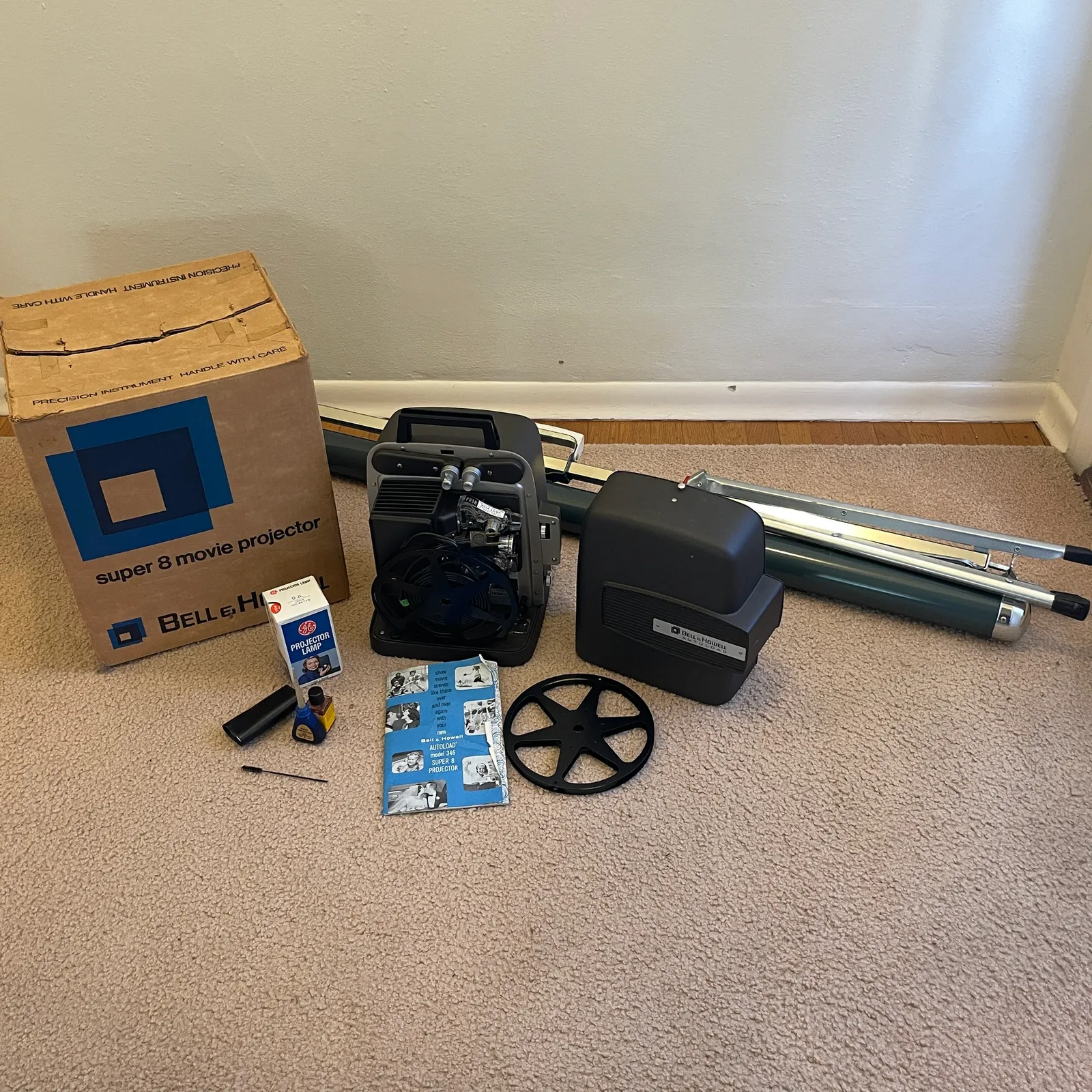 Bell & Howell 346 Autoload Super 8 Projector w/ Case, Box & Screen - Sterling Silver, Stones & Seattle History Estate Auction and 0% buyers premium! | Ocean Bid Auction