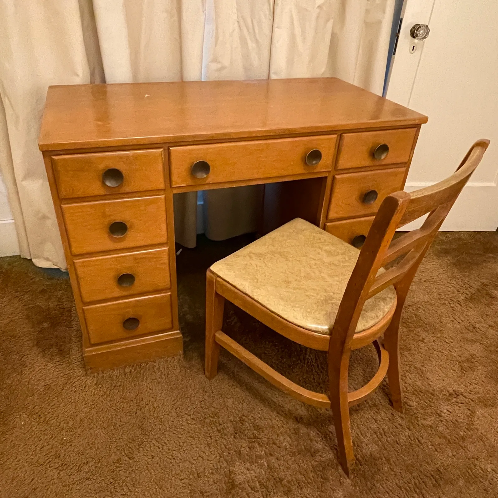 Vintage Maple Kneehole Desk & Chair - Sterling Silver, Stones & Seattle History Estate Auction and 0% buyers premium! | Ocean Bid Auction