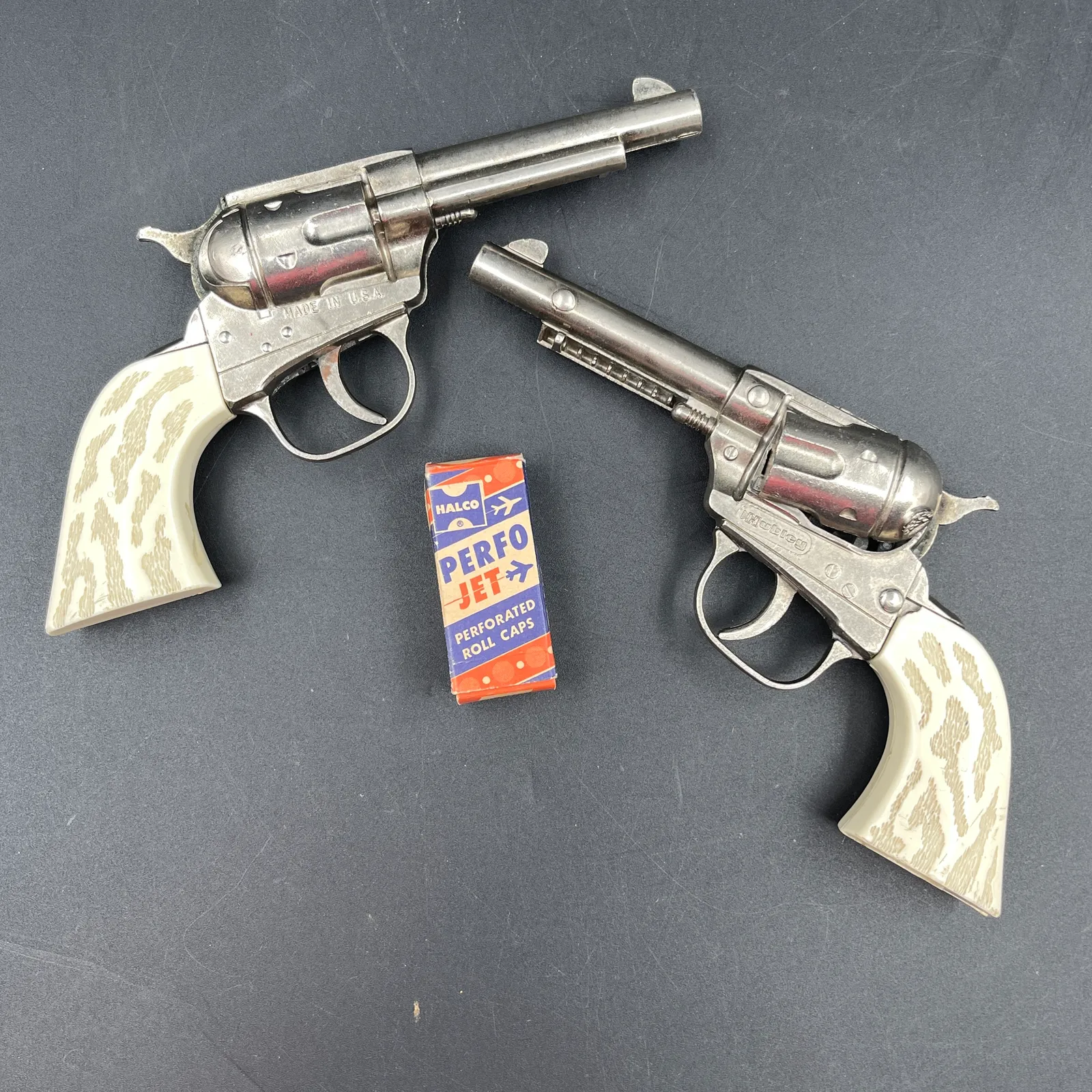 Vintage Halco Pinto Toy Cap Gun Pair & Perfo-Jet Caps - empty box - Sterling Silver, Stones & Seattle History Estate Auction and 0% buyers premium! | Ocean Bid Auction