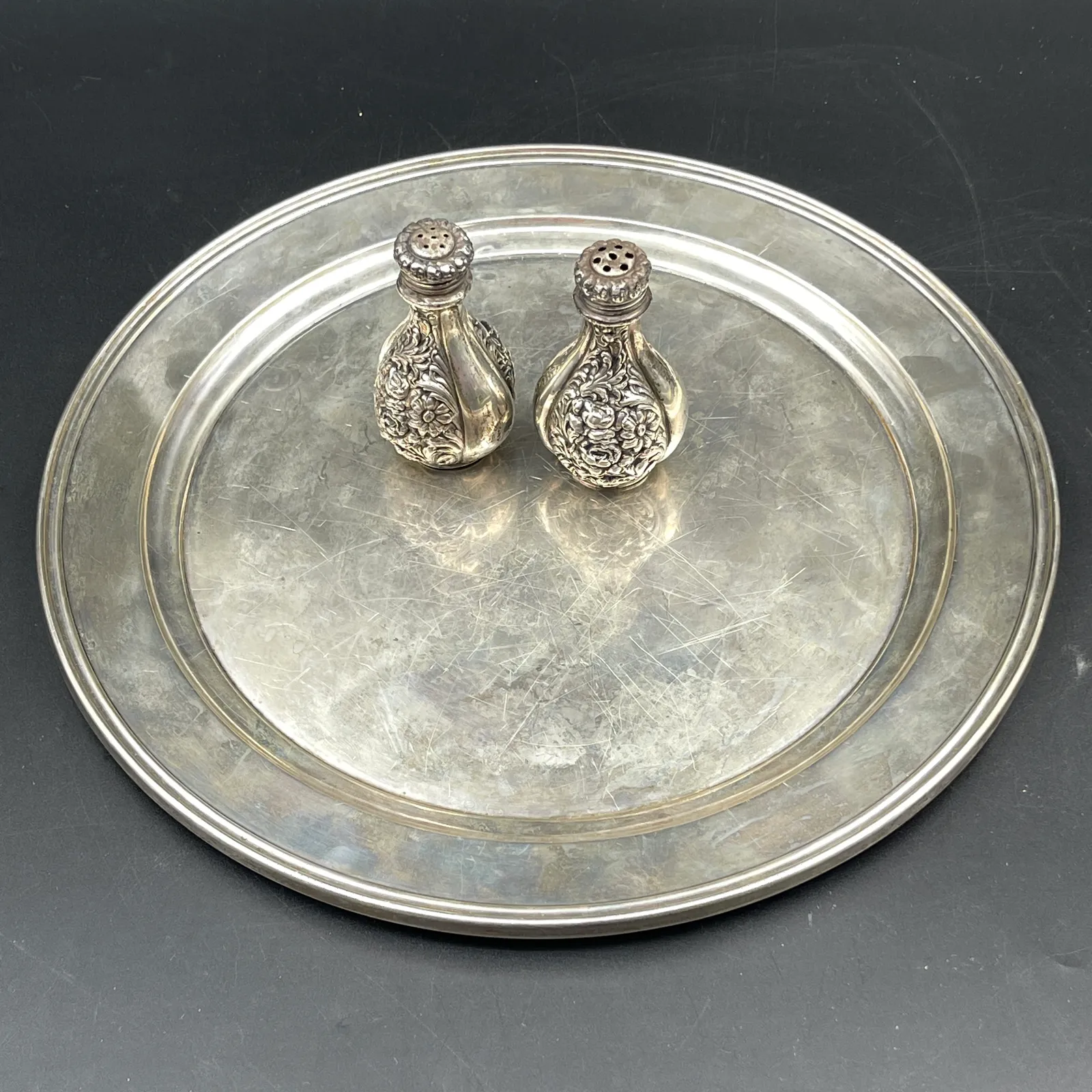 Antique Poole Sterling Silver Tray & Repoussé Sterling Salt & Pepper Shakers - Sterling Silver, Stones & Seattle History Estate Auction and 0% buyers premium! | Ocean Bid Auction