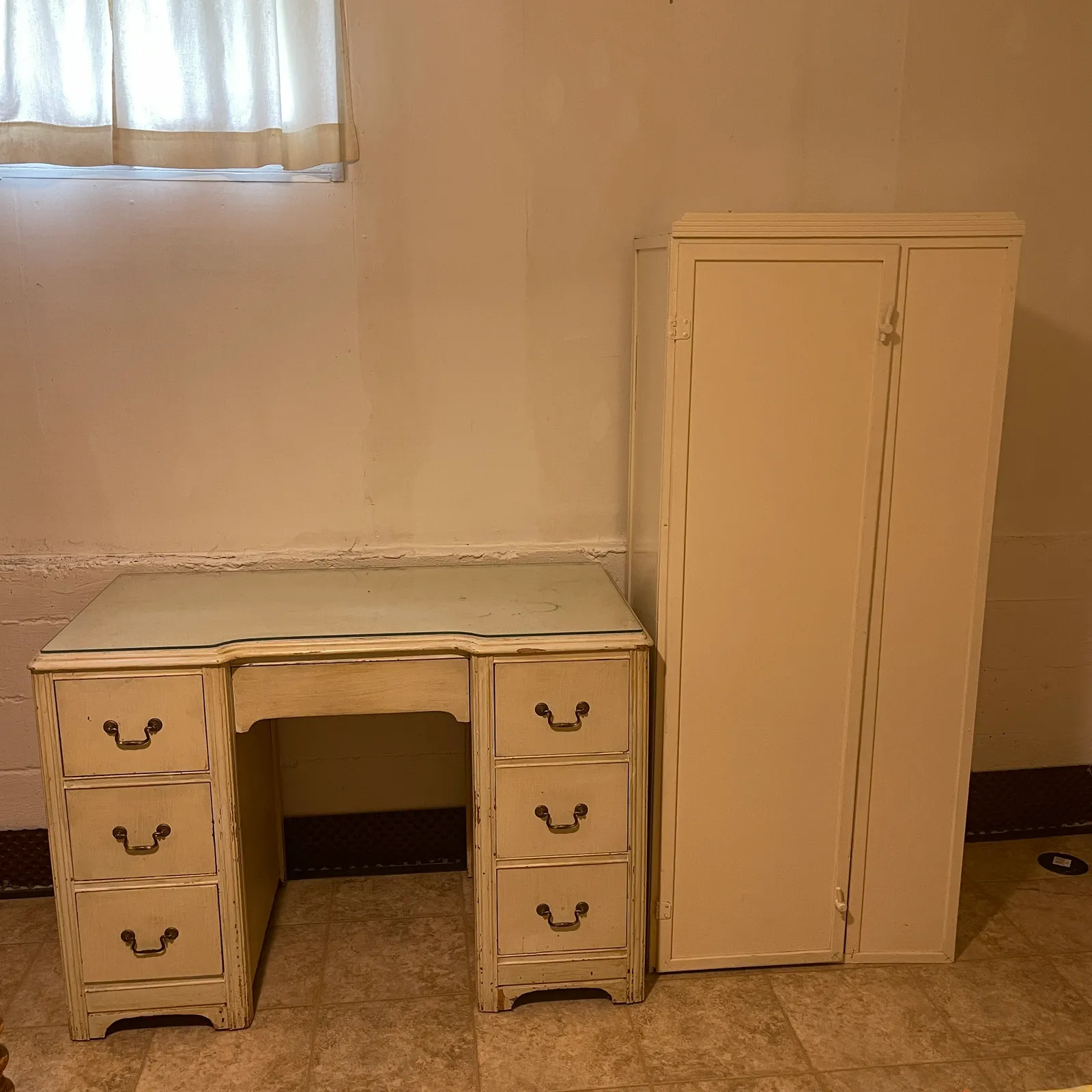 Vintage Painted Kneehole Desk & Tall Storage Cabinet – Dovetail Drawers - Sterling Silver, Stones & Seattle History Estate Auction and 0% buyers premium! | Ocean Bid Auction