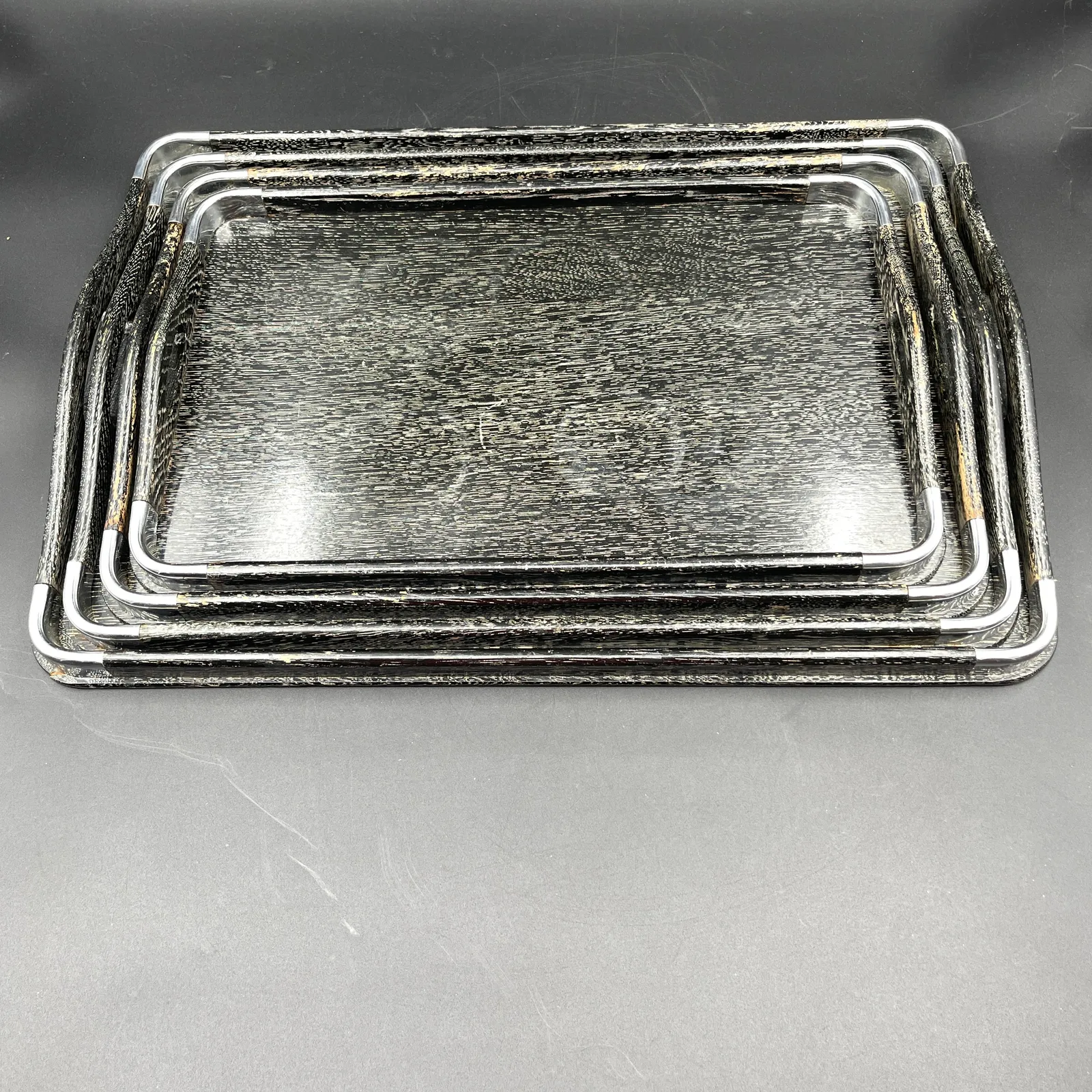 Vintage Mid-Century Faux Wenge Wood Nesting Serving Trays with Chrome Trim - Sterling Silver, Stones & Seattle History Estate Auction and 0% buyers premium! | Ocean Bid Auction