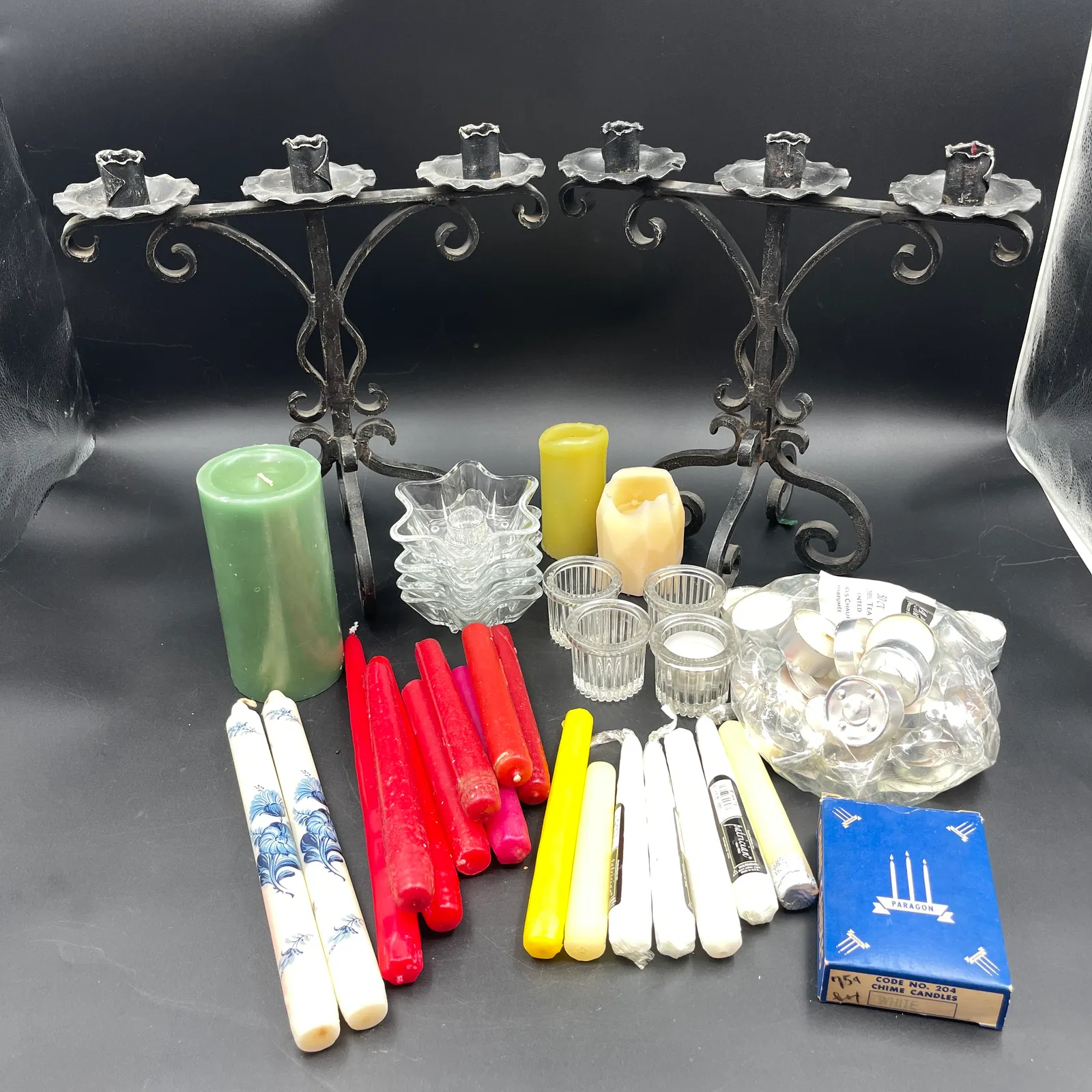 Vintage Wrought Iron Candelabra Pair, Paragon Chime Candles & Glass Holders - Sterling Silver, Stones & Seattle History Estate Auction and 0% buyers premium! | Ocean Bid Auction