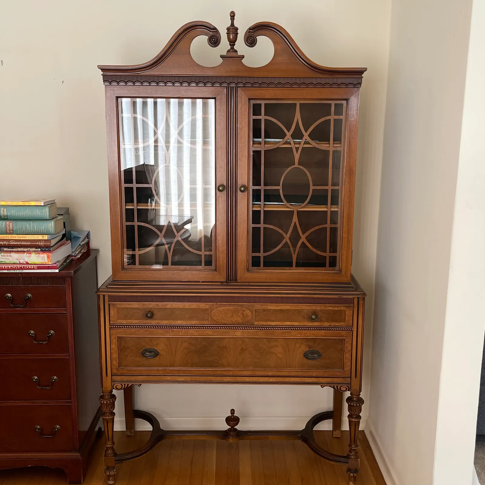 Antique Sheraton Revival China Cabinet – Burl Veneer, Fretwork Glass Doo - Sterling Silver, Stones & Seattle History Estate Auction and 0% buyers premium! | Ocean Bid Auction