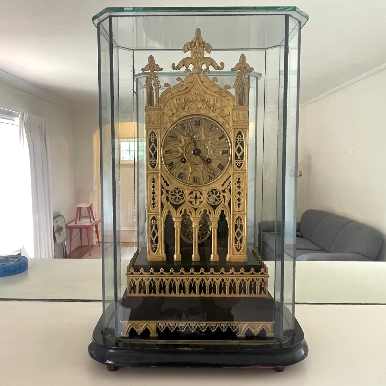 Antique Gothic Revival Cathedral Clock – Gilt Brass, Glass Case & Bell Strike - Sterling Silver, Stones & Seattle History Estate Auction and 0% buyers premium! | Ocean Bid Auction