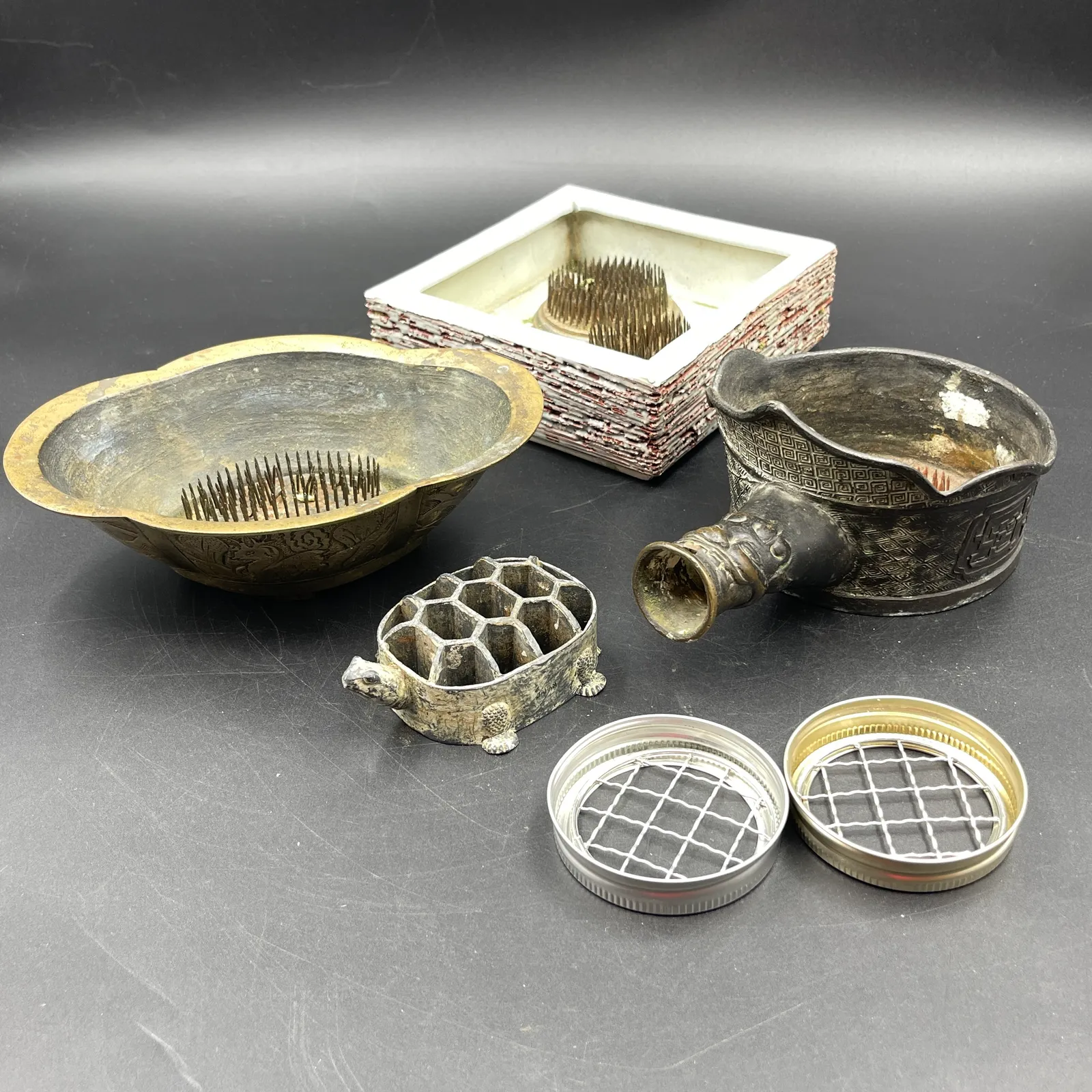 Vintage Asian Ikebana Flower Arrangement Set: Brass Suiban, Silk Iron & Kenzan Flower Frogs - Sterling Silver, Stones & Seattle History Estate Auction and 0% buyers premium! | Ocean Bid Auction