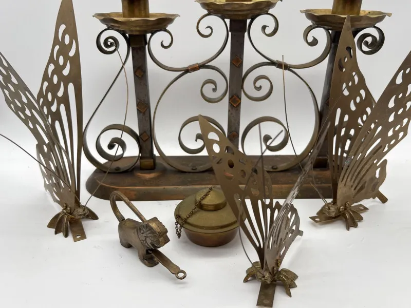 Wrought Iron Candle Holder, Butterfly Screens, Brass Vessel & Lock - Newcastle Estate Collection - STERLING SILVER, GOLD TEETH, Antiques & Collectibles | Ocean Bid Auction