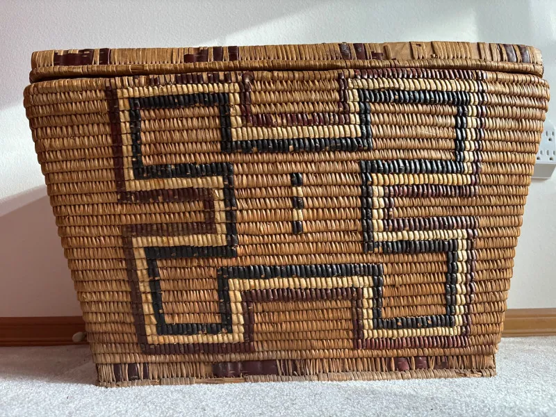 Large Northwest Coast Style Lidded Cedar Basket w/ Geometric Design - Newcastle Estate Collection - STERLING SILVER, GOLD TEETH, Antiques & Collectibles | Ocean Bid Auction