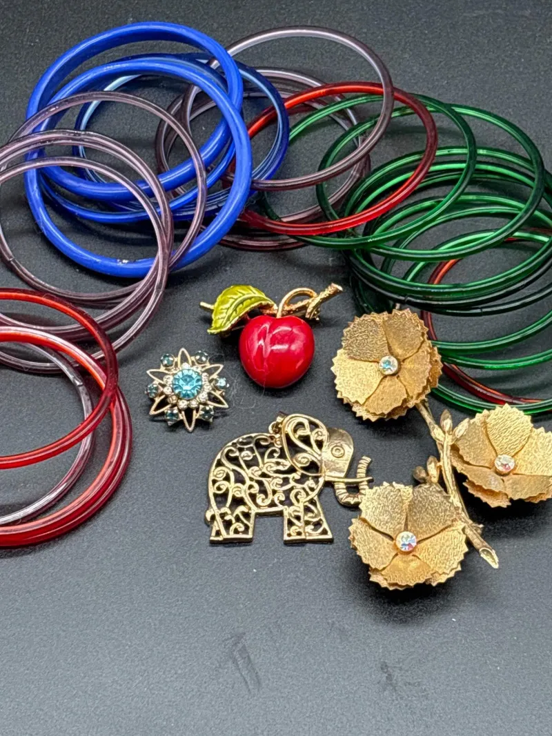 Indian Glass Bangles, Costume Brooches & Elephant Pendant Lot - Newcastle Estate Collection - STERLING SILVER, GOLD TEETH, Antiques & Collectibles | Ocean Bid Auction