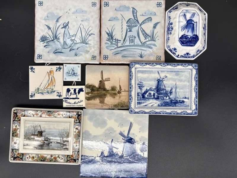 Delft Blue Windmill & Dutch Scene Tile Collection with Trivets - Newcastle Estate Collection - STERLING SILVER, GOLD TEETH, Antiques & Collectibles | Ocean Bid Auction
