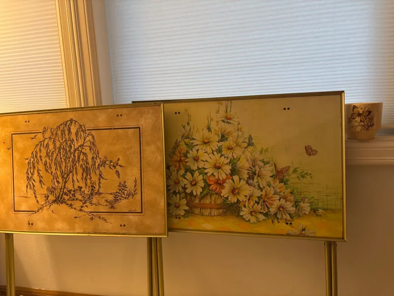 Vintage TV Tray Set w/ Floral & Willow Scene Tops and Planter - Newcastle Estate Collection - STERLING SILVER, GOLD TEETH, Antiques & Collectibles | Ocean Bid Auction