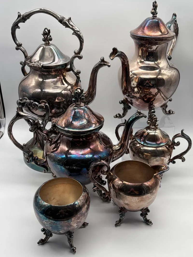 Ornate Silverplate Tea & Coffee Service Set with Creamer & Sugar - Newcastle Estate Collection - STERLING SILVER, GOLD TEETH, Antiques & Collectibles | Ocean Bid Auction