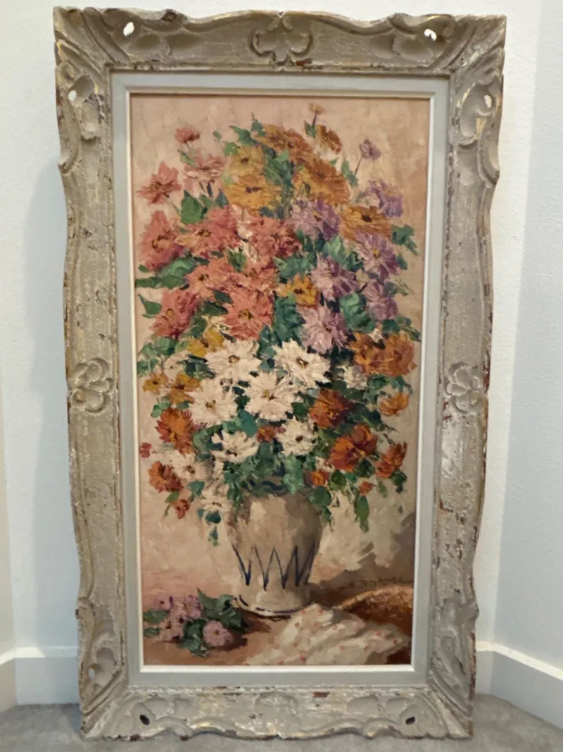 Bokma Original Floral Oil Painting in Ornate Distressed Frame - Newcastle Estate Collection - STERLING SILVER, GOLD TEETH, Antiques & Collectibles | Ocean Bid Auction