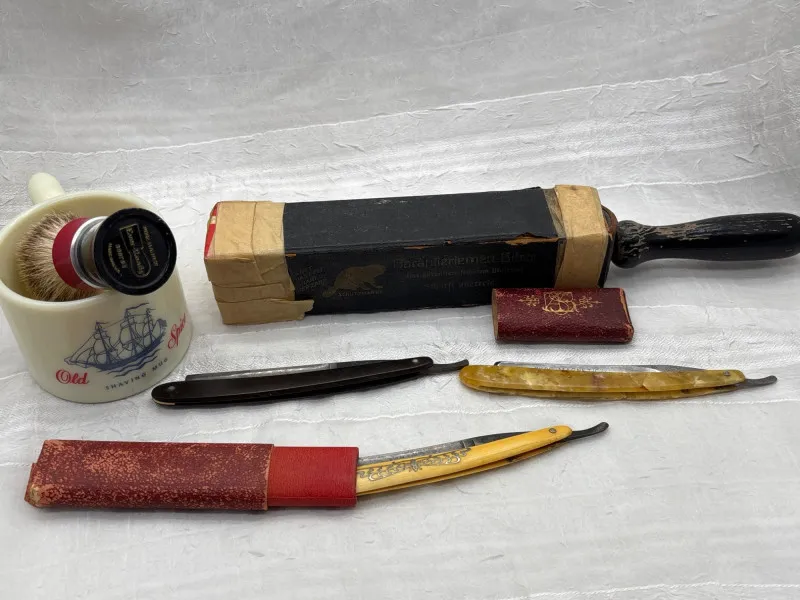 Vintage Straight Razors, Old Spice Mug & Ever-Ready Shave Brush Lot - Newcastle Estate Collection - STERLING SILVER, GOLD TEETH, Antiques & Collectibles | Ocean Bid Auction