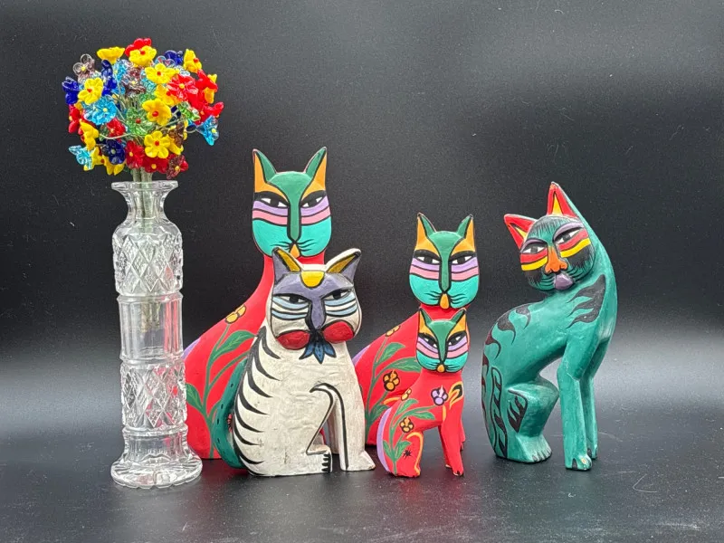 Colorful Folk Art Hand-Carved Wooden Cat Sculpture Collection Lot - Newcastle Estate Collection - STERLING SILVER, GOLD TEETH, Antiques & Collectibles | Ocean Bid Auction