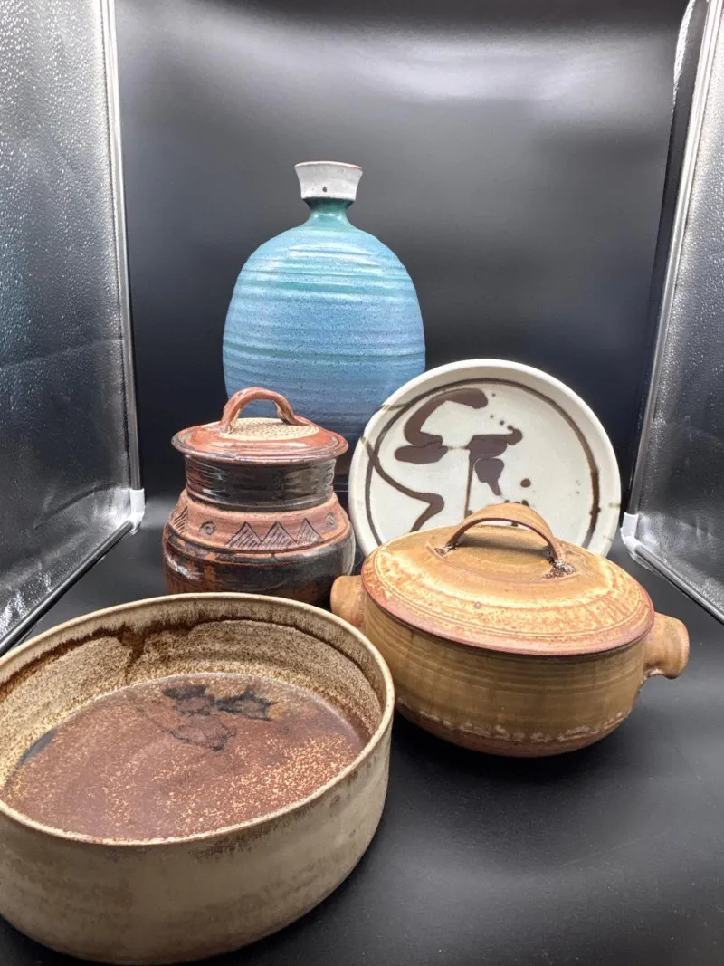 Studio Pottery Stoneware Lot Vase, Lidded Crocks, Bowl & Plate - Newcastle Estate Collection - STERLING SILVER, GOLD TEETH, Antiques & Collectibles | Ocean Bid Auction