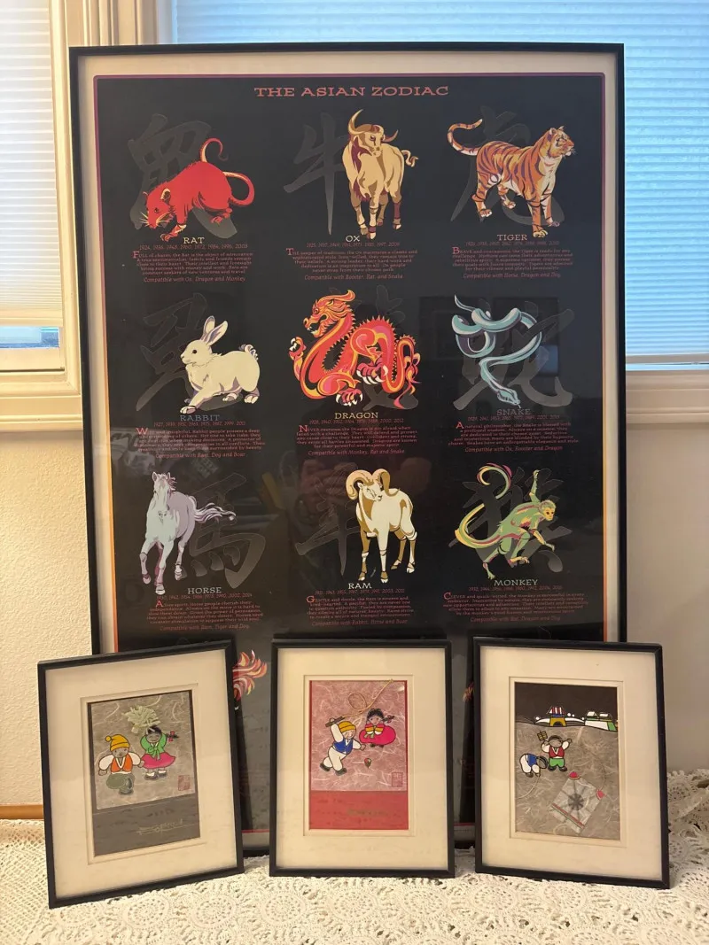 Asian Zodiac Framed Art Print & Three Framed Asian Art - Newcastle Estate Collection - STERLING SILVER, GOLD TEETH, Antiques & Collectibles | Ocean Bid Auction