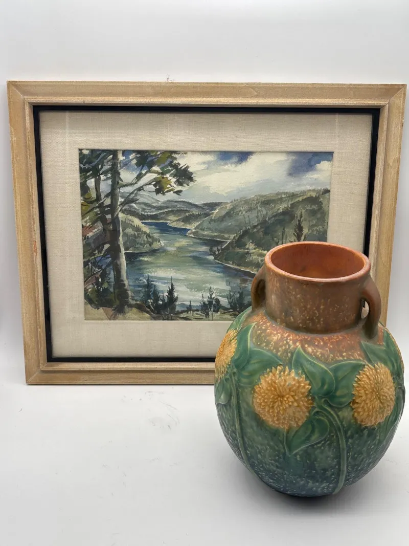Roseville Pottery Vase & Mountain Landscape Print - Newcastle Estate Collection - STERLING SILVER, GOLD TEETH, Antiques & Collectibles | Ocean Bid Auction