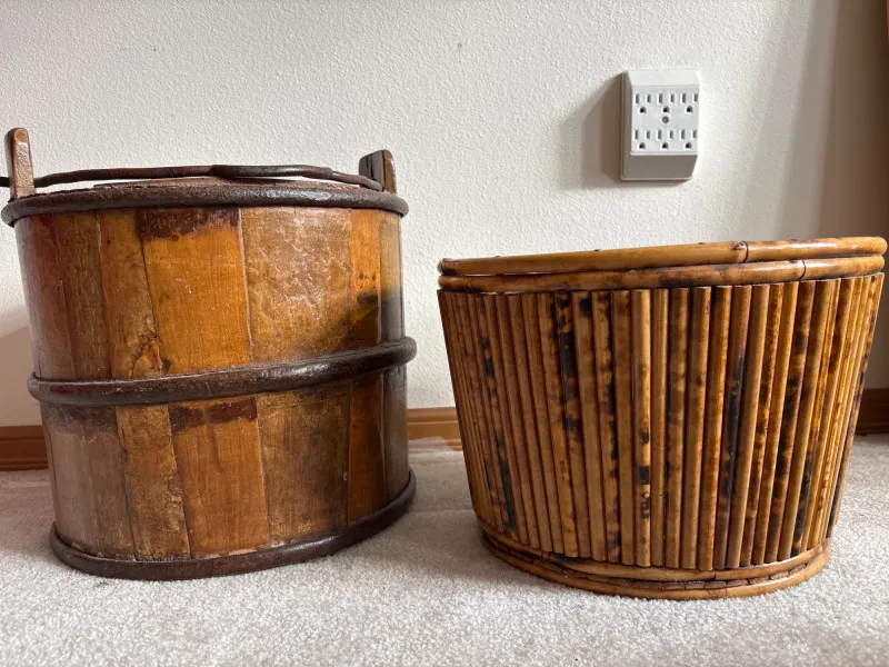 Vintage Wooden Bucket & Bamboo Basket – Wrought Iron & Rustic Charm - Newcastle Estate Collection - STERLING SILVER, GOLD TEETH, Antiques & Collectibles | Ocean Bid Auction