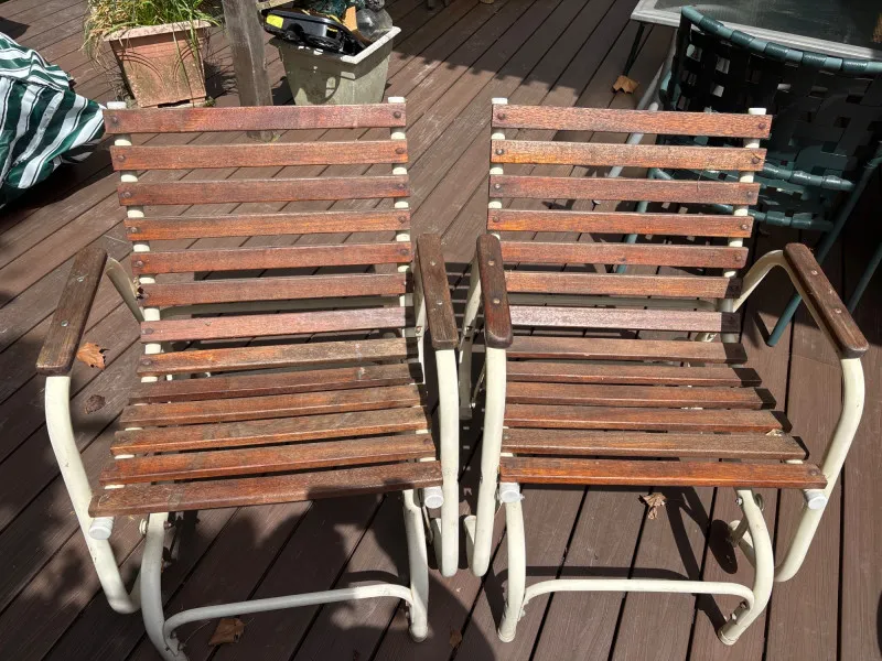 Vintage Teak Outdoor Rocking Chairs – Pair of Patio Rockers - Newcastle Estate Collection - STERLING SILVER, GOLD TEETH, Antiques & Collectibles | Ocean Bid Auction