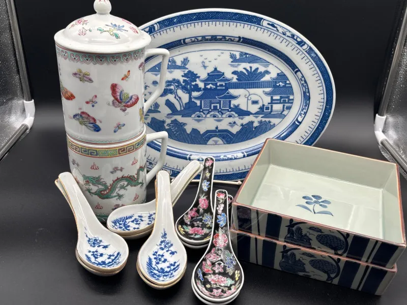 Asian Porcelain Collection Tea Cups, Serving Spoons, & Platter - Newcastle Estate Collection - STERLING SILVER, GOLD TEETH, Antiques & Collectibles | Ocean Bid Auction