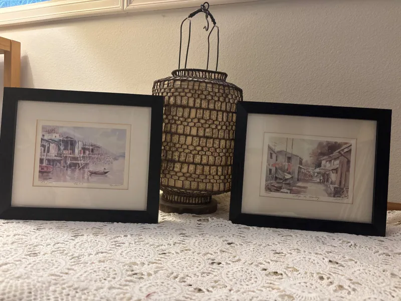 Framed Watercolor Prints & Woven Pendant Lantern - Newcastle Estate Collection - STERLING SILVER, GOLD TEETH, Antiques & Collectibles | Ocean Bid Auction