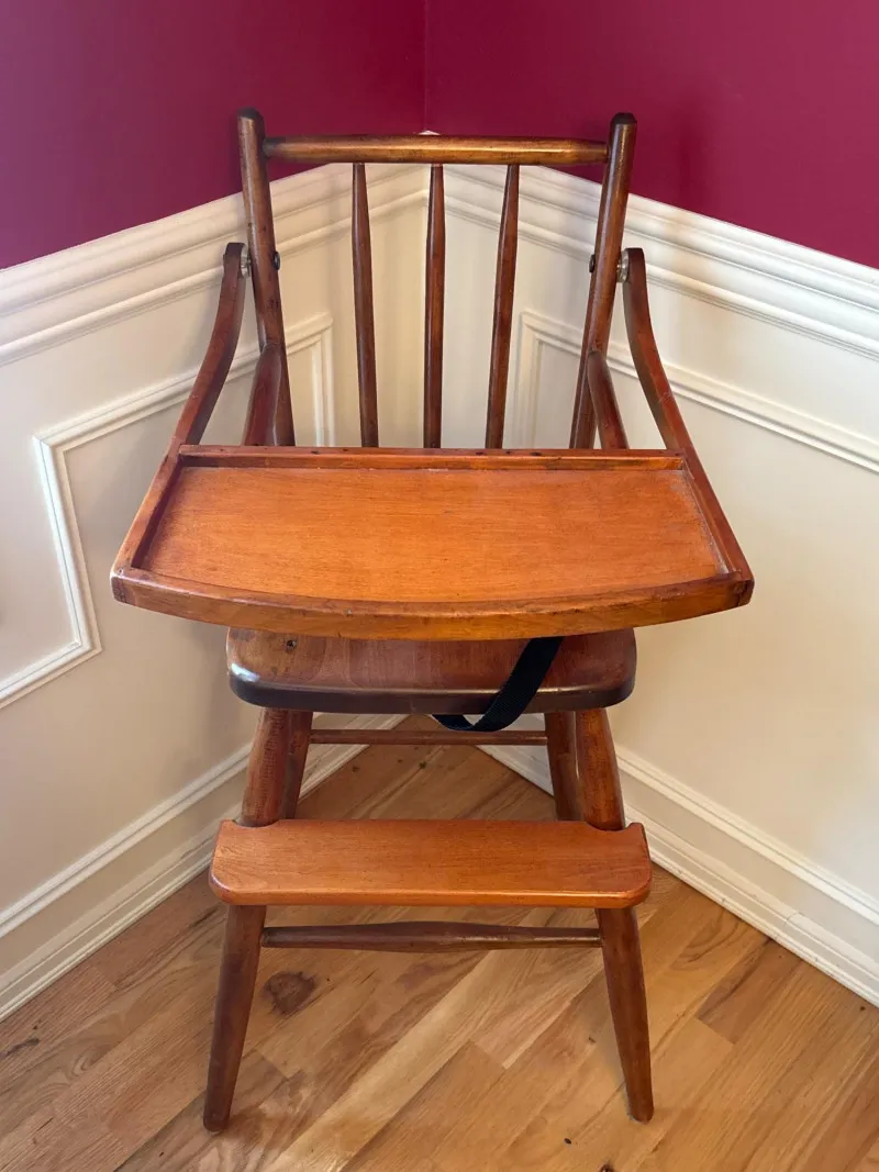 Vintage Wooden High Chair with Tray & Safety Straps - Newcastle Estate Collection - STERLING SILVER, GOLD TEETH, Antiques & Collectibles | Ocean Bid Auction