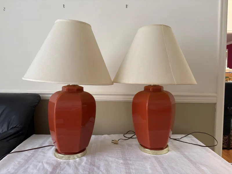Pair of Coral Glazed Ceramic Table Lamps with Linen Shades - Newcastle Estate Collection - STERLING SILVER, GOLD TEETH, Antiques & Collectibles | Ocean Bid Auction