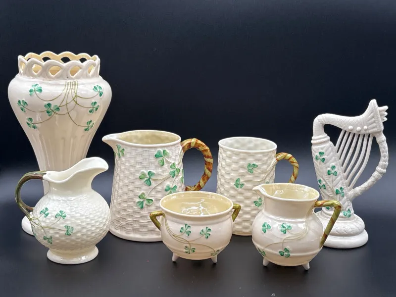 Belleek Shamrock Porcelain Collection Vase, Pitchers Mug & Harp lot 1 - Newcastle Estate Collection - STERLING SILVER, GOLD TEETH, Antiques & Collectibles | Ocean Bid Auction