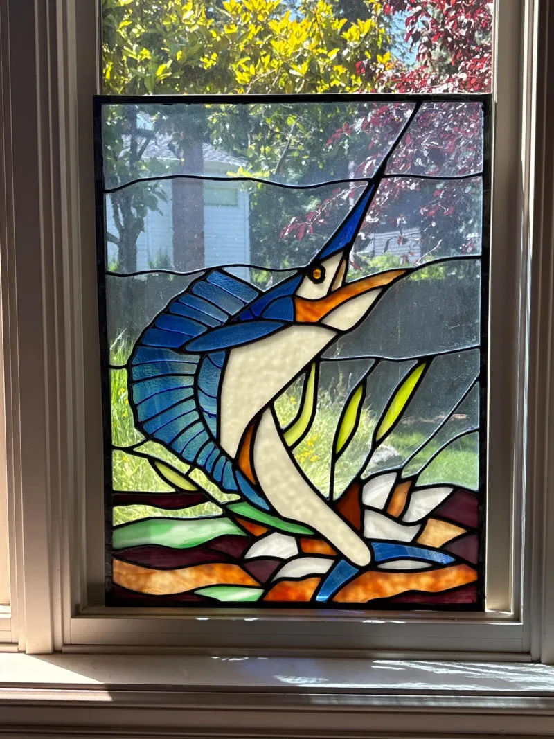 Handcrafted Stained Glass Marlin Window Panel Suncatcher - Newcastle Estate Collection - STERLING SILVER, GOLD TEETH, Antiques & Collectibles | Ocean Bid Auction