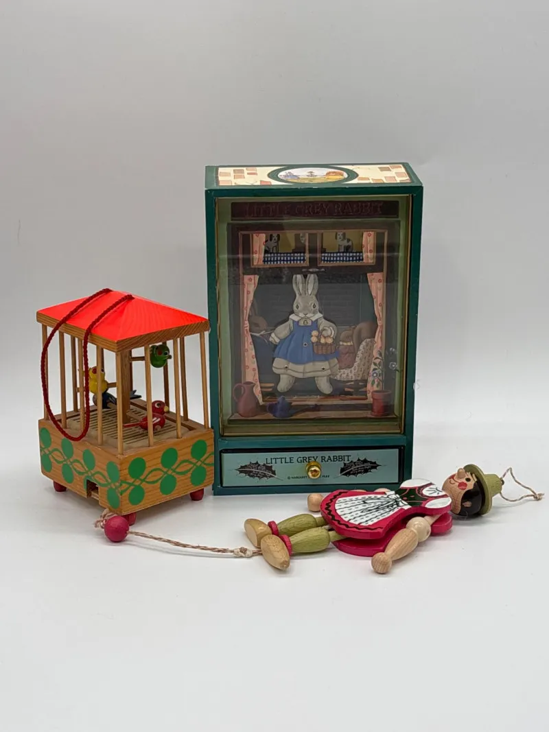Vintage Wooden Toys Music Box Rabbit Puppet & Bird Cage Lot - Newcastle Estate Collection - STERLING SILVER, GOLD TEETH, Antiques & Collectibles | Ocean Bid Auction
